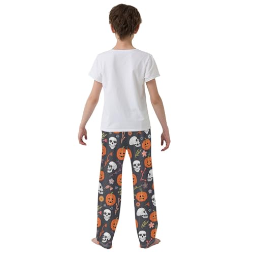 Skull and Pumpkin Floral Boys Long Pants Soft Trousers Elastic Waist Kids Lounge Bottoms with Pockets S-XL3