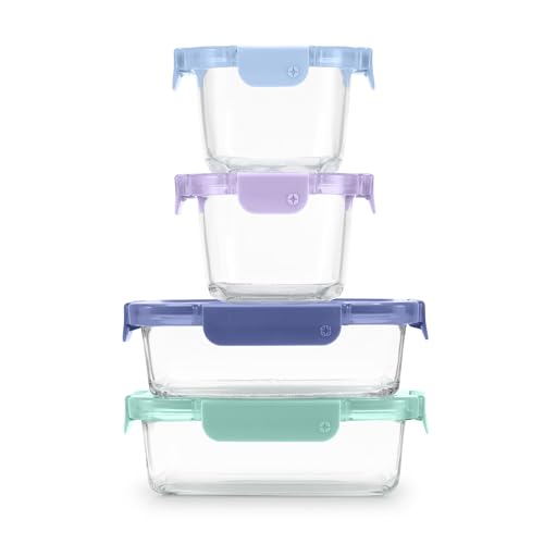 Ello Color Lock 8PC Mixed Glass Food Storage Sets, Leak-Proof Glass Food Storage Containers with Airtight BPA-Free Plastic Lids, Dishwasher, Microwave, and Freezer Safe, Purple Rain