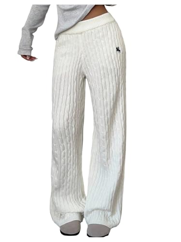 Verdusa Womens Old Money Clothes Embroidery Cable Knit Sweater Pants Streetwear Wide Leg Trousers White Large