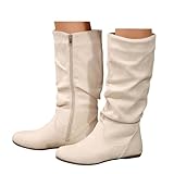 Xbemkste Botas de mujer de media caña plana con cremallera punta redonda botas occidentales de ante media altura botas elegantes botas largas botas altas para mujer botas de invierno, beige, 37 EU