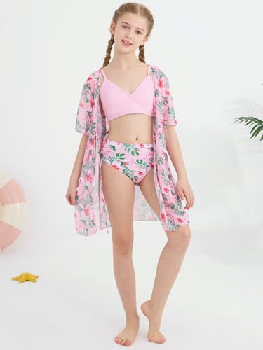 Girls Swimsuit 3 Piece Tropical Print Bikini Set Teens Bathing Suit with Drawstring Quick Dry Cover Up 9-16Y3