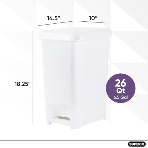 Image of Superio 6.5 Gallon Slim Step On Pedal Plastic Trash Can, Waste Bin for Under Desk, Office, Bedroom, Bathroom - 26 Qt, White