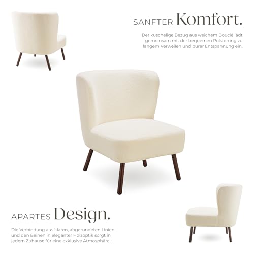 tectake® Teddy Cocktailsessel, Sessel mit kuscheligem Bouclé-Stoff im Scandi-Style, Couch Loungesessel mit Dicker Polsterung, Stahlbeine in Holzoptik, Relaxsessel für Wohnzimmer Schlafzimmer Büro