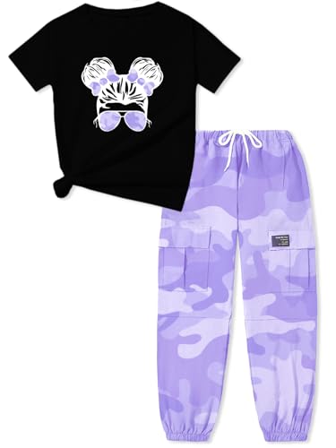 Image of ARTMINE Girls' 2 Piece Outfits Casual Drawstring Jogger Pants and Basic Short Sleeve Top Set, 6-14 Years
