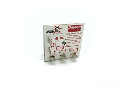 DAYTON 6A858 SPST-NO, 50/60 HZ, 24-240 VAC, ENCAPSULATED, SINGLE FUNCTION, 3 SEC TO 1 MIN TIMER, OFF DELAY, 1 AMP AT 120 V AC CONTACT RATING, 5 PIN RELAY, SOLID STATE, ADJUSTMENT METHOD: POTENTIOMETER