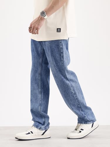 Image of WROGN Men's Mid-Rise Jeans | 100% Cotton | Anti-Fit Relaxed Silhouette