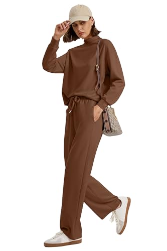 Image of WIHOLL Two Piece Sets for Women Fall Outfits Lounge Sets Mock Neck Tops Wide Leg Pants Vacation Travel Airport Outfits