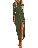 Qearal Women Summer Casual High Waist Midi Dress Solid Wrap Belted Dress Army Green S