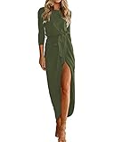 Qearal Slit Maxi Dress,Half Sleeve Elastic Wasit Draped Long Dress Belt Army Green M