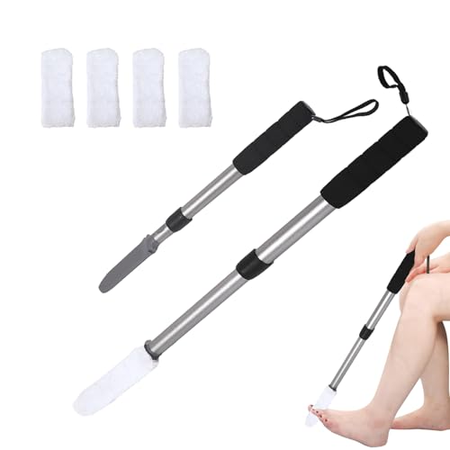 EASACE Updated Toe Cleaning Brush Lotion Applicator with Long Handle 18.5-29in Plastic White 4 Reusable Drying Covers for Seniors Elderly Disabled Men and Women