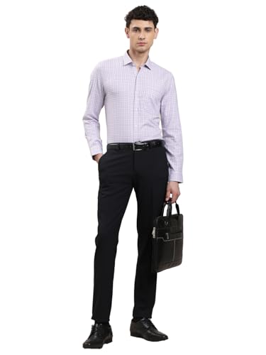 Image of Turtle Men's 4-Way Stretch Slim Fit Formal Trousers | Flat Front Checkered Navy Blue Office Pants | Comfortable Business Wear for Men