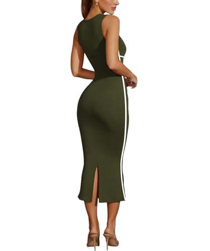Image of MAYFASEY Women's Summer Sleeveless Square Neck Contrast Binding Cocktail Party Bodycon Midi Dress Back Slit Maxi Dress