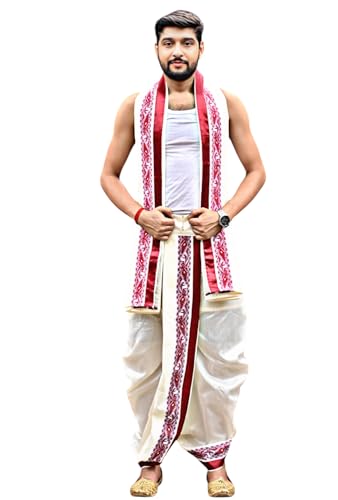 Image of Men's Ethnic | Traditional Ready to wear (Pant System) Readymade Panchakacham Dhoti With Angavastram(Towel) Set, Tassar Silk, Free Size (GC002)