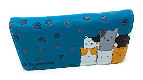 Shag Wear Kitty Cat Crowd Large Animal Wallet for Women and Teen Girls Vegan Faux Leather Teal 7"2