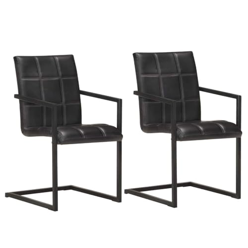 Kaloriko Sillas de comedor voladizo, 2 unidades, color negro, piel auténtica con reposabrazos, estructura de metal pulverizado, asiento de 45 cm, diseño retro para cocina, salón y conferencia