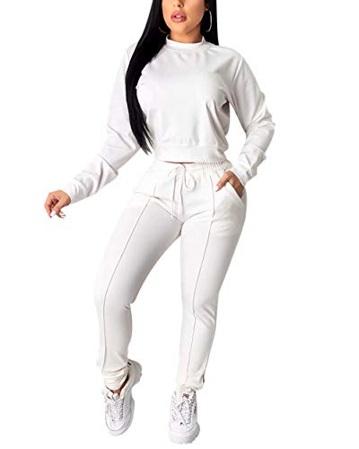 Women's Two Piece Outfits Sweatsuit Tracksuit Crop Top Drawstring Zipper Slit Pants Set Jumpsuit with Pockets White L