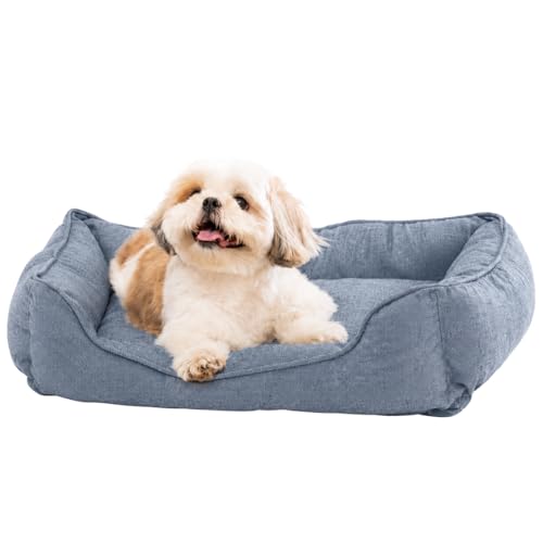 Image of Chambray Dog Bed with Removable Cover, Durable Polyester Fabric, Soft Fiber Cushion, Breathable, Non-Slip Base | Ideal for Small to Medium Dogs, 22x28x7.5 Inch