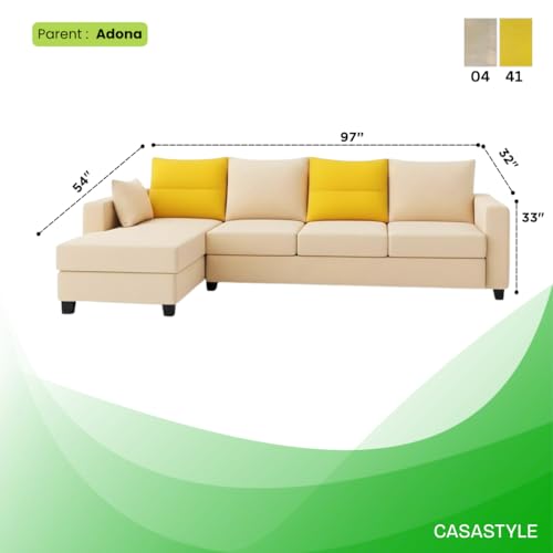 Image of CASASTYLE Texon 5 Seater Fabric LHS L Shape Sofa Set (Yellow-Cream) Velvet Finish | Comfortable Sectional Sofa Set