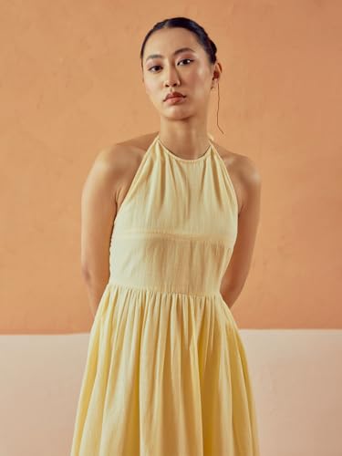 Image of FIORRA Women's Light Yellow Solid Linen Midi Dress