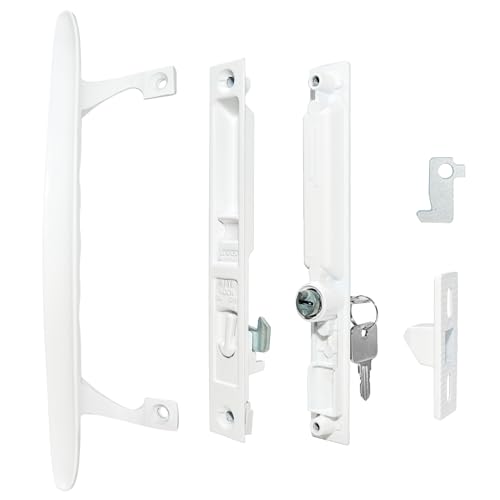 Image of Patio Sliding Glass Door Handle Set, 6-5 /8 inch H.C., Fits 1 inch to 1-1 /8 inch Thick Doors, White Diecast, Features Lock & 2 Hook Latch & Keys, Flush