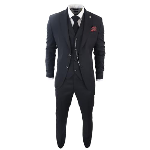Mens Classic 3 Piece Suit Black Pocket Chain Wedding Tailored Fit Vintage Formal - Black 48