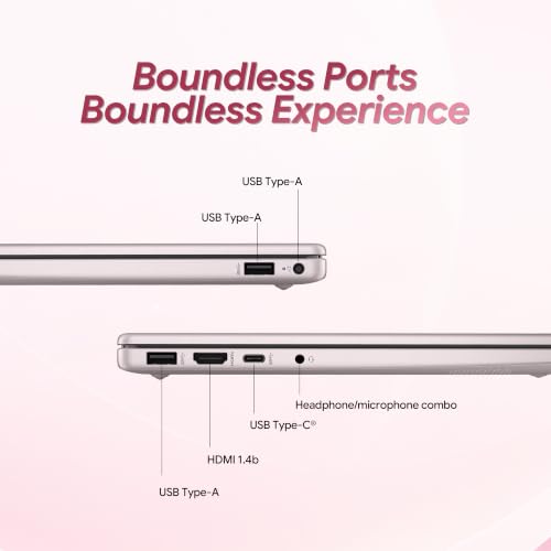 Image of HP 14 inch Laptop . Microsoft 365 Included . 4GB . 640GB Storage (128GB + 512GB SD) . HD Display . 12-Hour Battery . WiFi . Bluetooth . Windows 11 . Tranquil Pink . Dockingstation