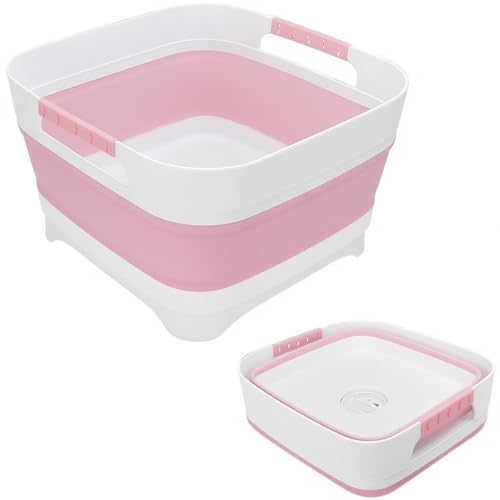 Image of 2.4 Gal (9L) Collapsible Dish Basin with Drain Plug, Space Saving Multiuse Foldable Sink Tub, Dishpan, Beverage Tubs for Camping, Vegetable Washing, RV(Pink)
