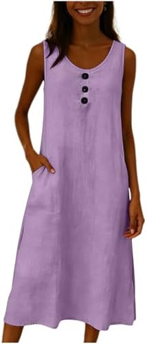 Frostluinai Sundresses Women Trendy 2026 Linen Midi Dresses for Women Summer Solid Boho Beach Dress Crew Neck Sleeveless Sundresses with Pockets Purple - 1