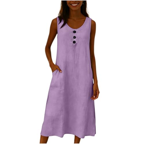 Frostluinai Sundresses Women Trendy 2026 Linen Midi Dresses for Women Summer Solid Boho Beach Dress Crew Neck Sleeveless Sundresses with Pockets Purple