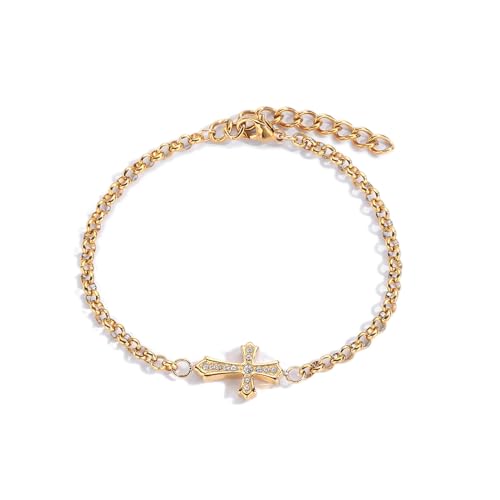 LeapoFalth Cross Bracelet for Men Stainless Steel Religious Chain Link Bracelets Bangles Wristband Fashion JewelryInspirational Christian Gift (Gold)