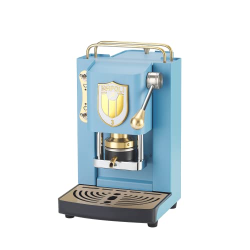 FABER COFFEE MACHINES | Modello Pro Mini Deluxe Scudetto | Macchina caffe a cialde ese 44mm | Colore Torquoise finiture Ottone | Pressacialda in ottone | Napoli Campione (LOGO BIANCO)