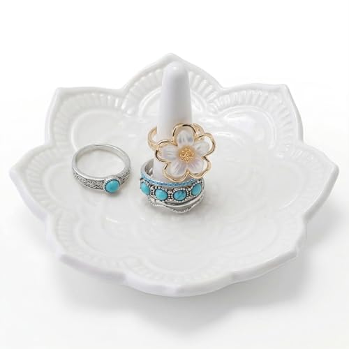 Titanape White Mandala Ring Holder Dish Ceramic Decorative Ring Holder for Jewelry Round Trinket Dish Tray for Rings Earrings Necklace Organizer for Engagement Wedding Birthday Gifts for Women Her