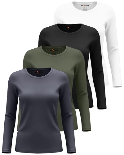 Xaatren 4 Pack Women's Underscrub Shirts Nurse Undershirts Long Sleeve Crewneck Slim Fit Tops Soft Stretchy Basic Tee(Black, White, Dark Gray, Army Green,Medium)