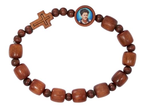 Carlo Acutis Stretch Rosary Bracelet, 9mm Brown Wood Beads, Photo Bead & Cross