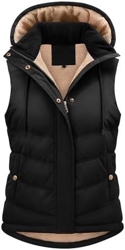 Tuopuda Damen Weste mit Abnehmbarer Kapuze Steppweste Fleece Gefüttert Fleeceweste Warme Winterjacke Ärmellos Jacke Thermo Stehkragen Vest Kapuzenweste Reißverschlüsse Herbst Winte