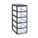 SUNDIS Orgamix, tour de rangement en plastique noir, 5 tiroirs transparents format papier A4, hauteur 61 cm, idéale rangement bureau, cours, documents, fournitures, accessoires