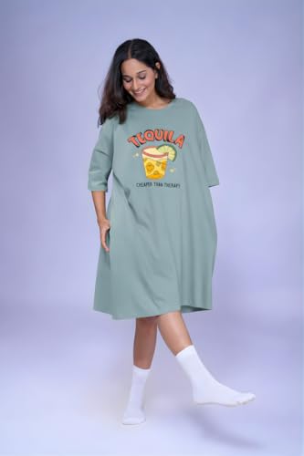 Image of LAMA STORE Women's Printed Oversized T-Shirt Dress, Cotton, 3 /4 Sleeve Length, Casual Loose Fit, Comfort Wear Extra Comfy Oversized Printed Pocket T-Shirt Dress
