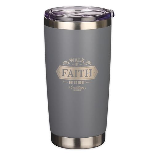 Christian Art Gifts Stainless Steel Double Wall Vacuum Insulated Travel Mug 18 oz Gray Bible Verse Tumbler with Retractable Lid for Men & Women - Walk by Faith - 2 Corinthian 5:7