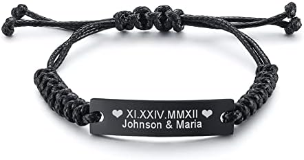 Mealguet Jewelry Unisex Personalized Custom Name Date Initial Quote Engraving Adjustable Cord Stainless Steel ID Bracelets for Men,Black