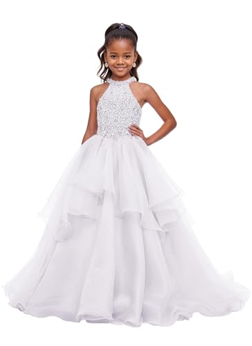 Sweet 16 Pageant Dress for Girls Quinceanera Halter Flower Girl Dresses with Rhinestones Beads Birthday Ball Gown