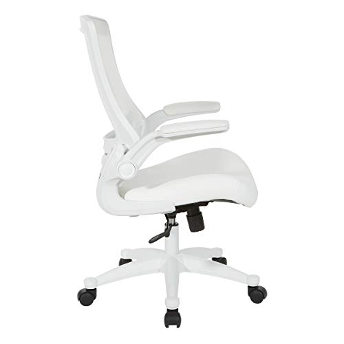 Office Star Ventilated White Screen Back Manager's Office Chair With Padded Color Flip Arms With White Nylon Base, White Faux Leather #TOP1