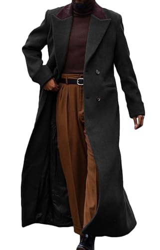 Image of Man's Double Breasted Full Length Trench Coat Casual Notch Lapel Long Jacket Peacoat Wool Blend Winter