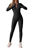 Adisputent Sport Jumpsuit Damen Lang Eng Yoga Bodysuit Overall mit Reißverschluss Playsuits Langarm Bodycon Strampler Sportanzug Yoga Jogginganzug Slim Fit Kuschelig Onesie Revers-Schwarz S