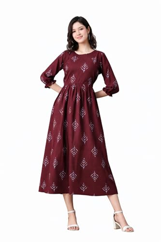 Image of Ichaa Women's Blue Cotton Printed Maternity Dress with Feeding Zips and Pocket| in Plus Sizes
