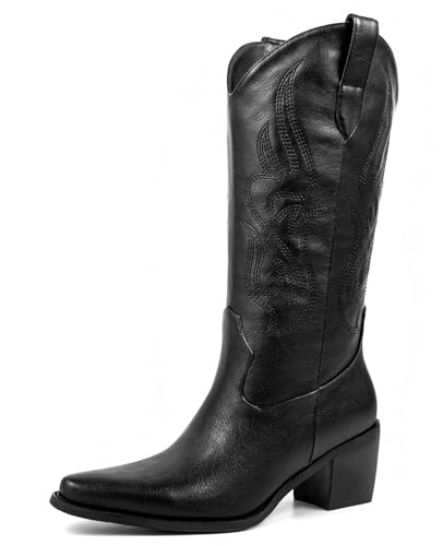 Image of Pasuot Cowboy Boots for Women - Cowgirl Western Mid Calf Boots with Embroidery, Pointed Toe Retro Chunky Heel Slip On Fashion Classic Short Boots Pull On for Ladies Summer Fall
