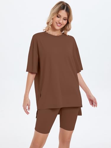 Heymoments Vacation Sets for Women Mellow Brown XX-Large Oversized T-Shirt and Biker Shorts Pajama Set Soft Summer Pajamas Set Breathable Sleepwear Comfy Nightwear Womens Pjs Set — view 3