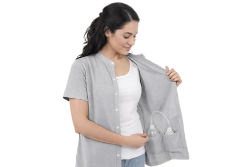 USBD Post Mastectomy Shirt Drain Pockets Band Collar Button Up Soft Tops Double Mastectomy Clothing (Small, Gray)