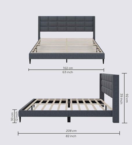 Image of Mintwud Pepperfry Woodlyn Upholstered Queen Size Bed Without Storage | Wooden Double Bed with Tufted Headboard for Bedroom Living Room Home and Hotel (Dark Grey)