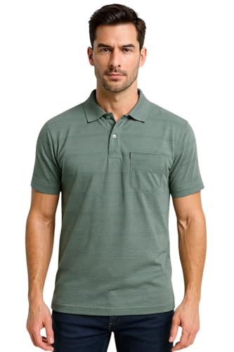 Image of WILD ELEPHANT Men Cotton Striped Polo Neck Half Sleeve T-Shirt with Pocket