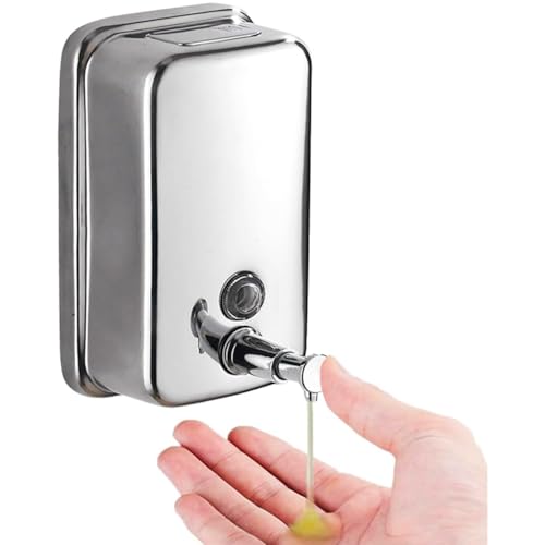 Commercial Soap Dispenser Wall Mount Stainless Steel Manual Pump Liquid Rust-Proof Leak Free for Bathroom Restaurant 500ml/17oz (White and Silver)